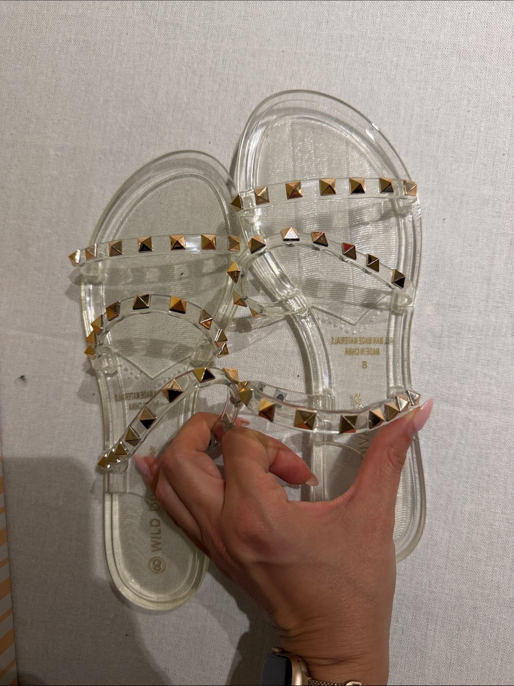 Clear Studded Women's Slide Sandals - Transparent with Gold Studs